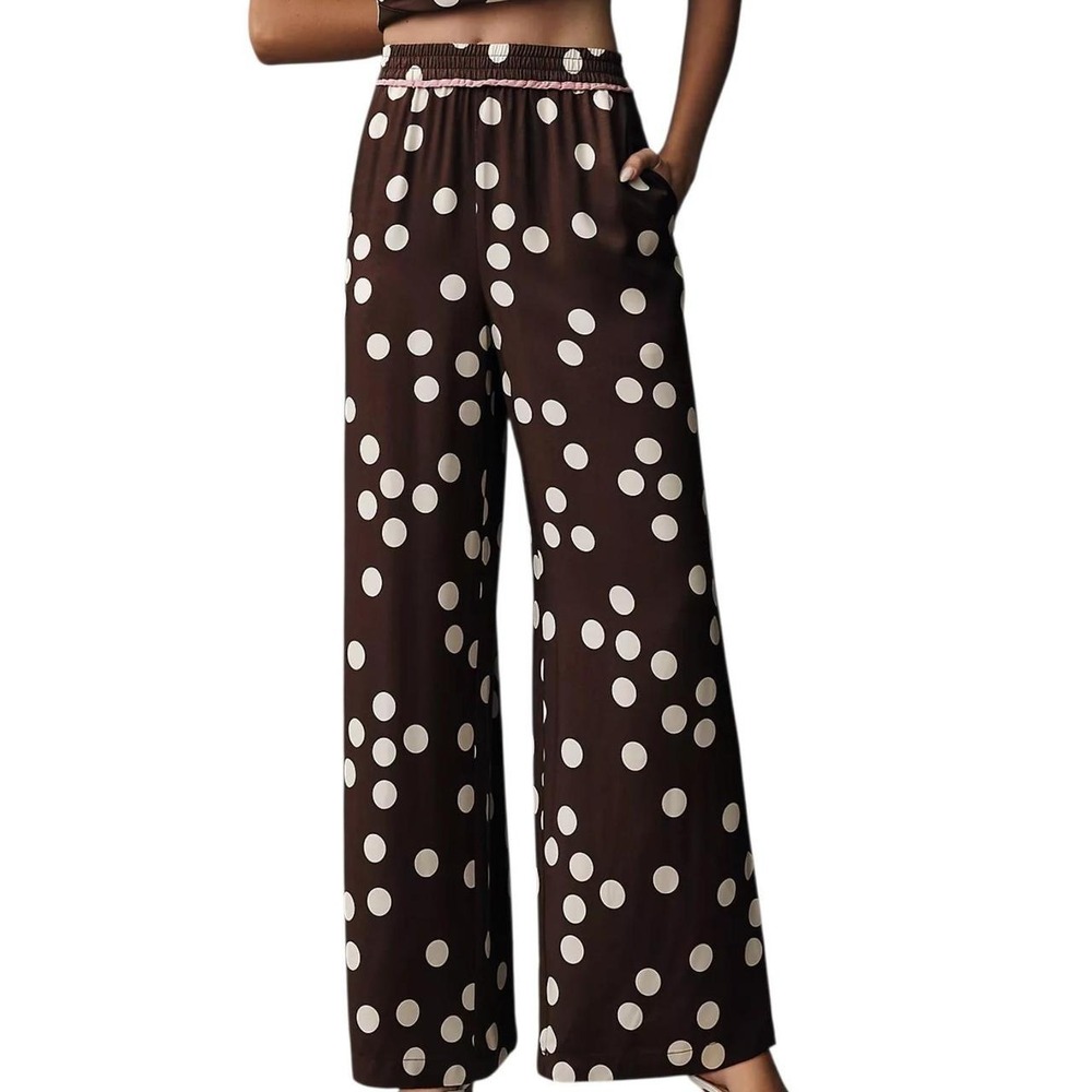 Maeve Flowy relaxed brown pants with white polka dot pants